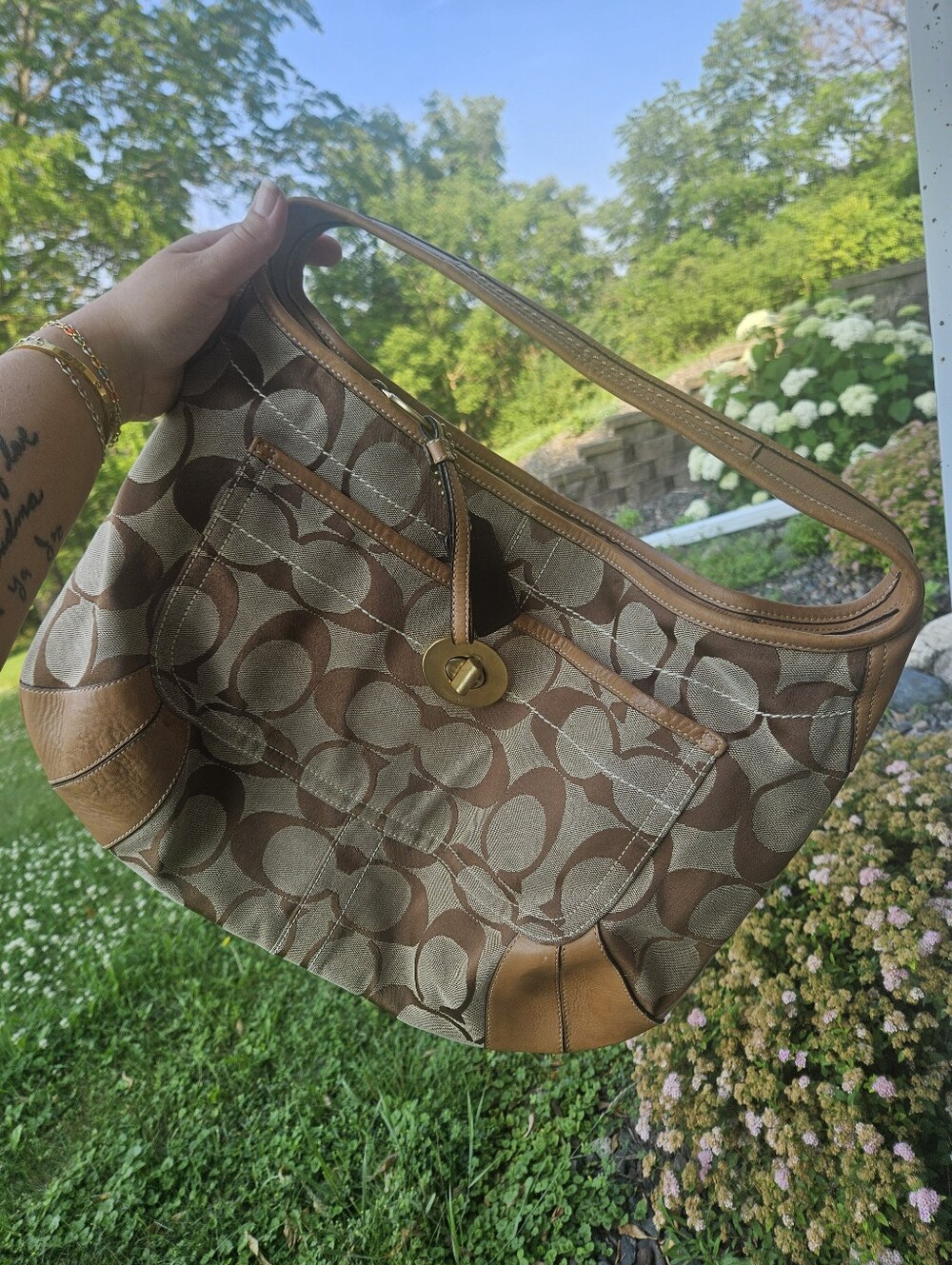 Coach Signature Khaki Brown Jacquard Canvas Shoulder Tote Bag F10765 Y2K